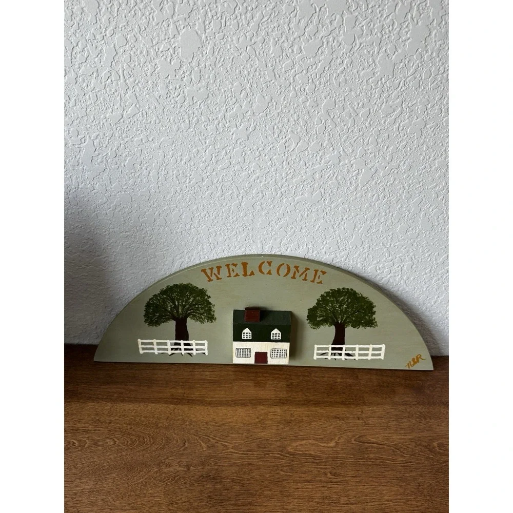 Vintage Hand-Painted Wooden Welcome Sign | Rustic Folk Art Cottage Core Decor